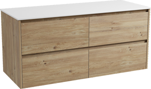 Storke Seda meuble salle de bains suspendu 130 x 52 cm chêne brut avec Tavola tablette simple ou double en solid surface blanc mat