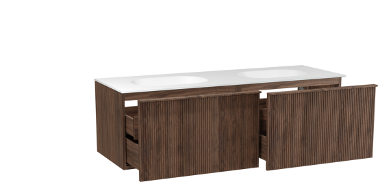 Balmani Forma zwevend badkamermeubel 150 x 55 cm amerikaanse notelaar met Tablo Oval dubbele wastafel in solid surface mat wit, Verticale symmetrische rechte ribbel