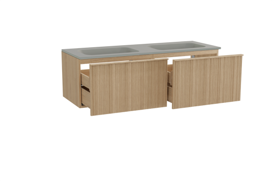 Balmani Forma zwevend badmeubel 150 x 55 cm naturel eiken met Tablo Strada dubbele wastafel in composietmarmer zijdegrijs, Verticale asymmetrische ronde ribbel