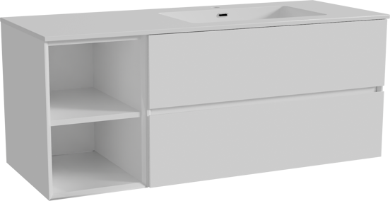 Storke Edge zwevend badmeubel 130 x 52 cm hoogglans wit met Diva asymmetrisch rechtse wastafel in composietmarmer hoogglans wit