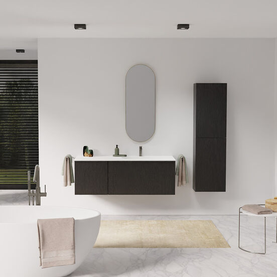 Balmani Forma meuble salle de bains suspendu 135 x 55 cm chêne noir avec Tablo Arcato vasque asymétrique droite en solid surface blanc mat, Nervure droite symétrique verticale