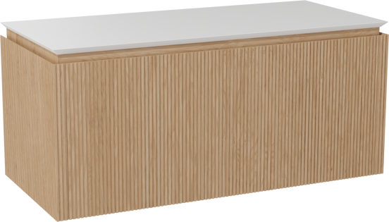 Balmani Eclips hängendes Möbelstück Set: 120 x 55 cm, Eiche Natur, mit Eclips Einzel- oder Doppel Waschtischplatte Solid Surface Weiβ matt, Vertikale symmetrische gerade Rippe