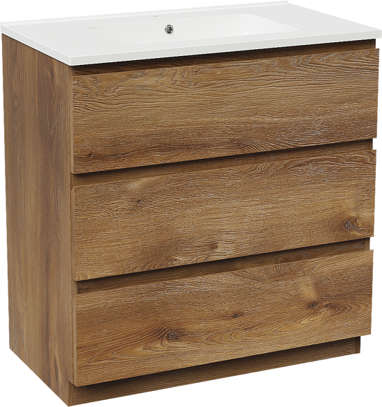 Linie Lado staand badmeubel 80 x 46 cm bruin eiken met Vano enkele wastafel in composietmarmer hoogglans wit