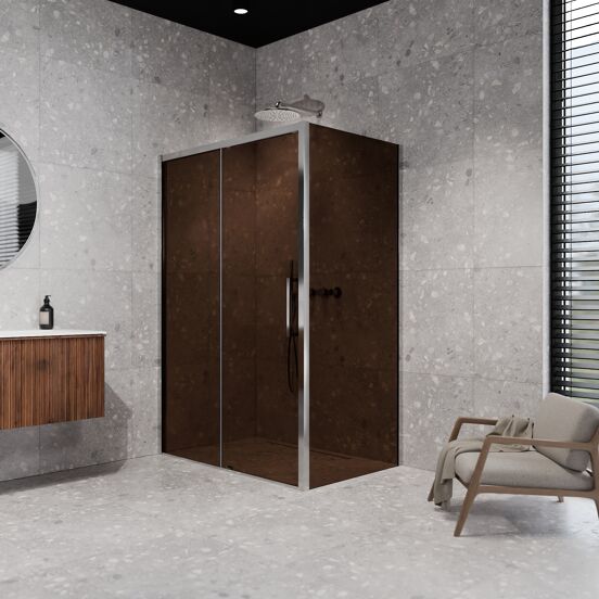 Balmani Senses Design douche en coin avec porte coulissante à gauche et paroi latérale fixe, 160 x 100 cm, Bronze, Profil Chrome brillant