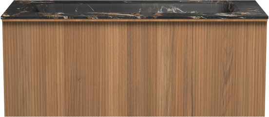 Balmani Forma zwevend badkamermeubel 120 x 55 cm teak met Tablo Arcato enkele wastafel voor 2 kraangaten in marmer portoro gold, Verticale symmetrische rechte ribbel