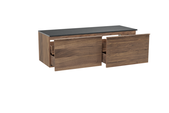 Balmani Forma hängendes Möbelstück Set: 150 x 55 cm, Amerikanischer Nussbaum, mit Stretto Einzel- oder Doppel Waschtischplatte, Granit, Schwarzes Granit, Horizontale symmetrische gerade Rippe