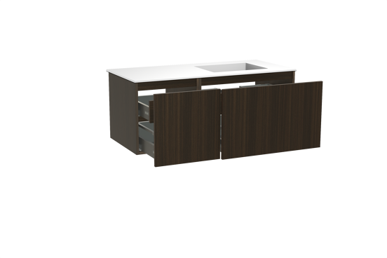 Balmani Sfera meuble salle de bains suspendu 120 x 55 cm eucalyptus avec Tablo Stretto plan vasque asymétrique à droite en solid surface blanc mat