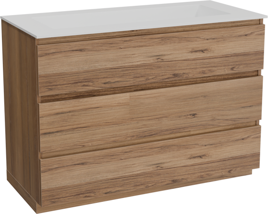 Balmani Lucida meuble salle de bains à poser 120 x 55 cm teck avec Tablo Stretto lavabo simple pour 2 trous de robinet en solid surface blanc mat