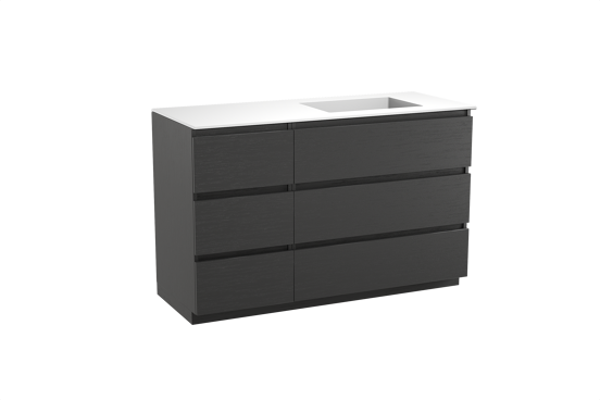 Balmani Lucida staand badkamermeubel 135 x 55 cm zwarte eik met Tablo Stretto asymmetrisch rechtse wastafel in solid surface mat wit