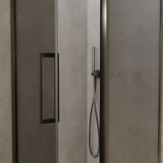 Balmani Senses Design douchehoek met linkse draaideur en vaste zijwand, 90 x 90 cm, Reflex spiegelglas, Brushed GunMetal profielen, met coating