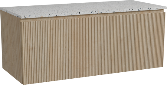 Storke Ribs hängendes Möbelstück Set: 120 x 52 cm, Rohe Eiche, mit Tavola Einzel- oder Doppel Waschtischplatte, Terrazzo in Weiß/Schwarz matt, Vertikale symmetrische gerade Rippe