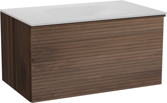 Balmani Forma zwevend badkamermeubel 90 x 55 cm amerikaanse notelaar met Tablo Arcato enkele wastafel in solid surface mat wit, Horizontale symmetrische rechte ribbel