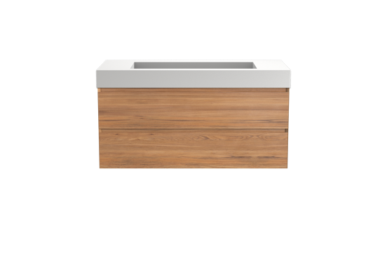 Balmani Mitra meuble salle de bains suspendu 120 x 55 cm teck avec Modus lavabo simple pour 2 trous de robinet en solid surface blanc mat