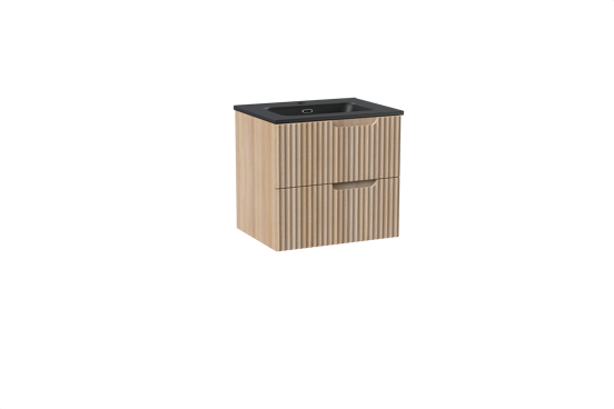Linie Ribbo zwevend badkamermeubel 60 x 46 cm lichte eik met Baro enkele wastafel in porselein mat zwart, Verticale symmetrische ronde ribbel