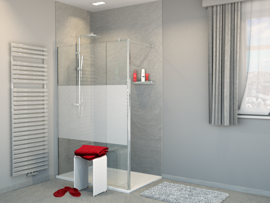 Balmani Move douche à l'italienne avec panneau latéral pivotant 140 x 200 cm verre transparent avec bande matte profil chrome brillant
