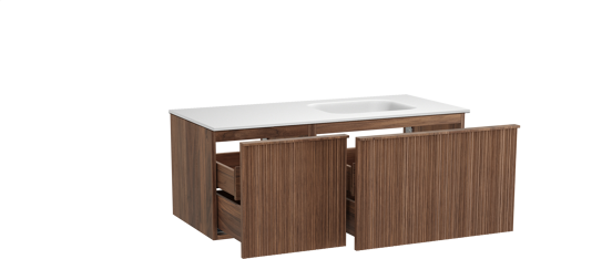Balmani Forma zwevend badkamermeubel 120 x 55 cm amerikaanse notelaar met Tablo Arcato asymmetrisch rechtse wastafel in solid surface mat wit, Verticale asymmetrische ronde ribbel
