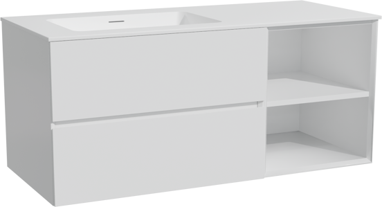 Storke Edge meuble salle de bains suspendu 120 x 52 cm blanc brillant avec Mata plan vasque asymétrique à gauche en solid surface blanc mat