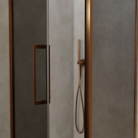 Balmani Senses Design douchehoek met linkse draaideur en vaste zijwand, 90 x 90 cm, Rookglas, Brushed Rosegold profielen