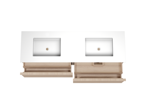 Balmani Forma zwevend badkamermeubel 180 x 55 cm natuur eik met Tablo Stretto dubbele wastafel in solid surface mat wit, Horizontale symmetrische rechte ribbel