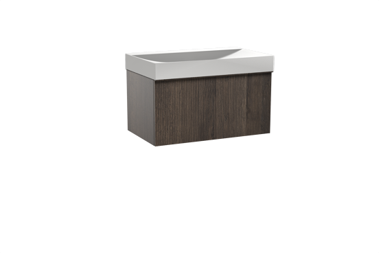 Balmani Forma hängendes Möbelstück Set: 90 x 55 cm, Geräucherte Eiche, mit Wave Einzelwaschtisch, Solid Surface, Weiß matt, Vertikale symmetrische gerade Rippe