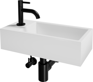Luca Varess Cubic Handwaschbecken Set, Keramik weiß glänzend, 40,5 x 20 cm, Links, inklusive Schwarz Wasserhahn und Zubehör