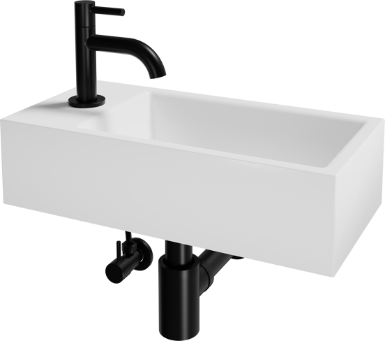 Luca Varess Cubic Handwaschbecken Set, Keramik weiß glänzend, 40,5 x 20 cm, Links, inklusive Schwarz Wasserhahn und Zubehör