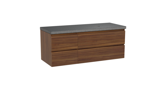 Balmani Lucida zwevend badkamermeubel 135 x 55 cm amerikaanse notelaar met Rock asymmetrisch rechtse wastafel in graniet zwart