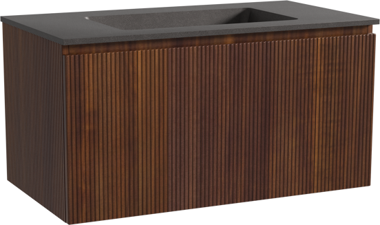Storke Ribs hängendes Möbelstück Set: 95 x 52 cm, Nussbaum, mit Scuro Einzelwaschtisch, Quarz, Schwarz matt, Vertikale symmetrische gerade Rippe