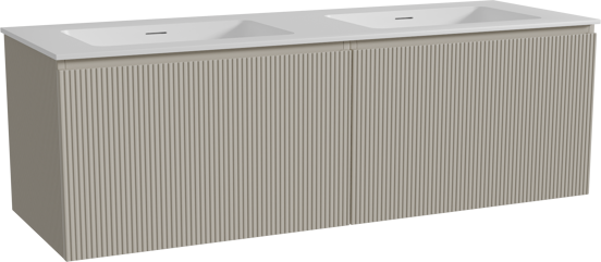 Storke Ribs meuble salle de bains suspendu 150 x 52 cm soie grise avec Mata double vasque en solid surface blanc mat, Nervure droite symétrique verticale
