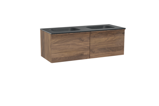 Balmani Forma zwevend badkamermeubel 135 x 55 cm amerikaanse notelaar met Tablo Arcato dubbele wastafel in graniet zwart, Horizontale symmetrische rechte ribbel