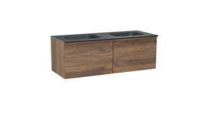 Balmani Forma hängendes Möbelstück Set: 135 x 55 cm, Amerikanischer Nussbaum, mit Tablo Arcato Doppelwaschtisch, Granit, Schwarzes Granit, Horizontale symmetrische gerade Rippe