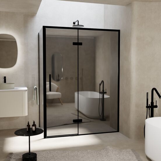 Balmani Senses Design douche en coin avec porte pivotante à droite et paroi latérale fixe, 140 x 80 cm, Miroir Reflex, Profil noir, coating inclus