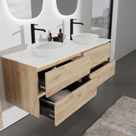 Balmani Lucida meuble salle de bains suspendu 150 x 55 cm chêne brut avec Stretto tablette simple ou double en solid surface blanc mat