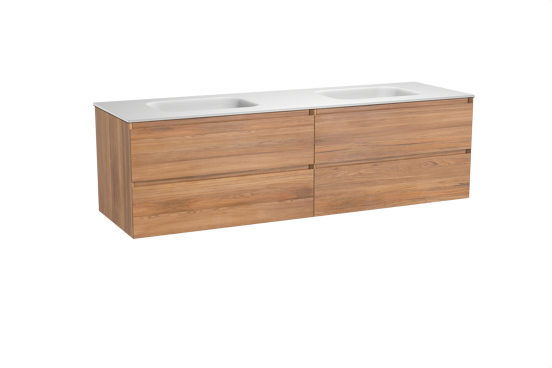Balmani Mitra hängendes Möbelstück Set: 180 x 55 cm, Teak, mit Tablo Arcato Doppelwaschtisch, Solid Surface Weiß matt