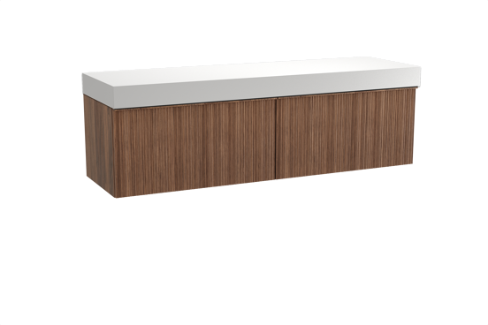 Balmani Forma hängendes Möbelstück Set: 180 x 55 cm, Amerikanischer Nussbaum, mit Dominus Einzel- oder Doppel Waschtischplatte, Solid Surface, Weiß matt, Vertikale asymmetrische Runde Rippe