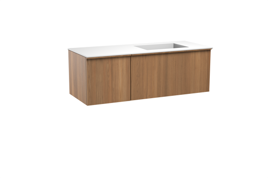 Balmani Forma meuble salle de bains suspendu 135 x 55 cm teck avec Tablo Stretto vasque asymétrique droite en solid surface blanc mat, Nervure droite symétrique verticale