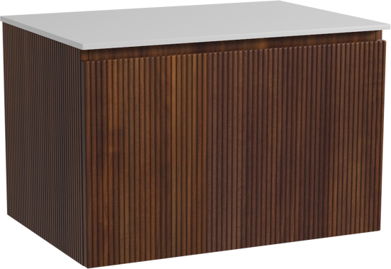 Storke Ribs zwevend badkamermeubel 75 x 52 cm notelaar met Tavola enkel tablet in solid surface mat wit, Verticale symmetrische rechte ribbel
