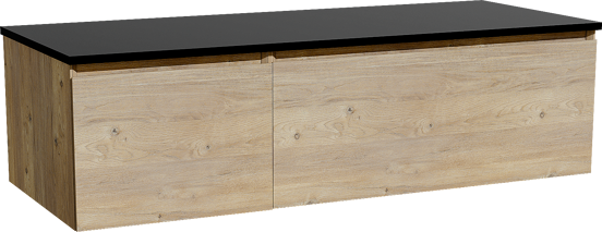 Storke Edge zwevend badkamermeubel 130 x 52 cm ruwe eik met Panton enkel of dubbel tablet in gepoedercoate mdf mat zwart