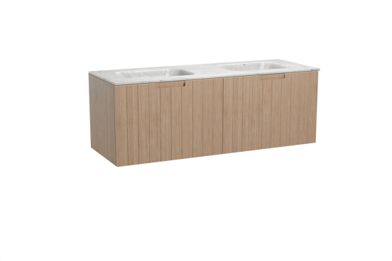 Balmani Adagio hängendes Möbelstück Set: 150 x 55 cm, Verwitterte Eiche, mit Tablo Arcato Doppelwaschtisch, Marmor Carrara