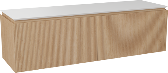 Balmani Eclips meuble salle de bains suspendu 180 x 55 cm Chêne naturelle avec Eclips tablette simple ou double en Solid Surface blanc mat, Nervure droite symétrique verticale