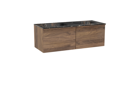 Balmani Forma zwevend badkamermeubel 135 x 55 cm amerikaanse notelaar met Tablo Arcato dubbele wastafel in marmer portoro gold, Horizontale symmetrische rechte ribbel