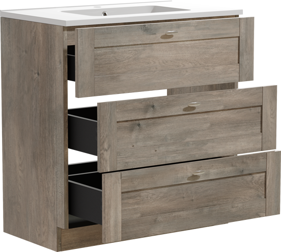 Linie Classo staand badkamermeubel 80 x 46 cm grijze eik met Vano enkele wastafel in composietmarmer glanzend wit