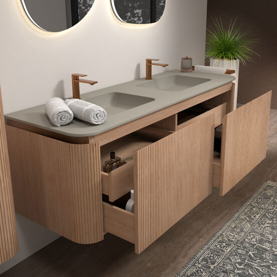 Balmani Moon meuble salle de bains suspendu 160 x 55 cm chêne naturel avec Moon double vasque en top solid soie grise, Nervure droite symétrique verticale