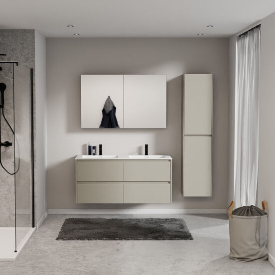 Storke Seda meuble salle de bains suspendu 130 x 52 cm soie grise avec Mata double vasque en solid surface blanc mat