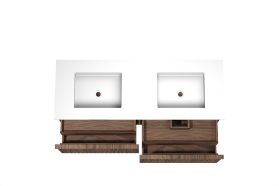 Balmani Forma zwevend badkamermeubel 150 x 55 cm amerikaanse notelaar met Tablo Stretto dubbele wastafel in solid surface mat wit, Verticale symmetrische rechte ribbel