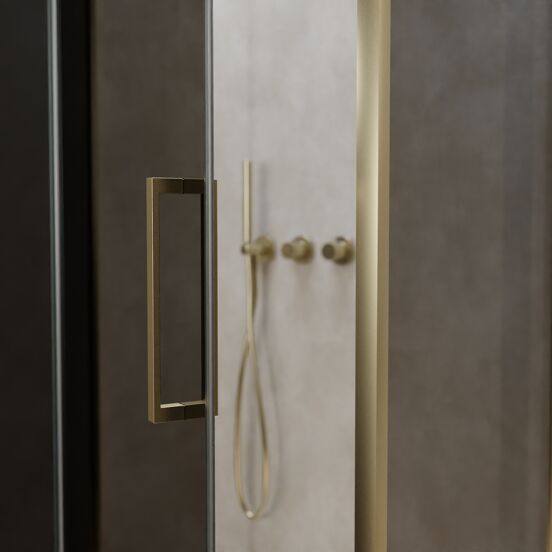 Balmani Senses Design douchehoek met linkse draaideur en vaste zijwand, 100 x 100 cm, Rookglas, Brushed Champagne Gold profielen, met coating