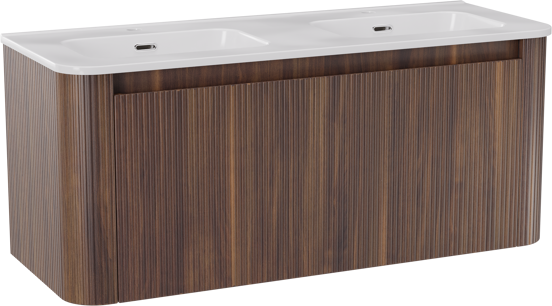 Storke Soft hängendes Möbelstück Set: 120 x 46 cm, Nussbaum, mit Kera Soft Doppelwaschtischplatte Keramik Weiβ glänzend, Vertikale symmetrische gerade Rippe