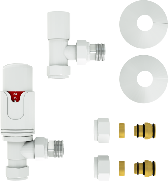 Vipera Torci thermostatische radiatorkraan 90° haakse aansluiting glanzend wit
