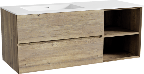 Storke Edge zwevend badmeubel 130 x 52 cm ruw eiken met Mata asymmetrisch linkse wastafel in solid surface mat wit