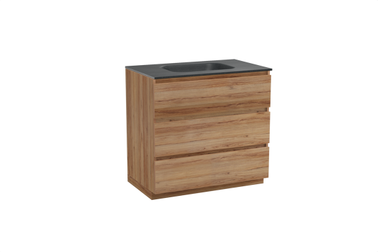 Balmani Lucida freistehendes Möbelstück Set: 90 x 55 cm, Teak, mit Tablo Arcato Einzelwaschtisch, Schwarzes Granit